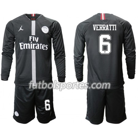 Camisetas Paris Saint Germain VERRATTI 6 Jordan Negro Niños Tercera Equipacion 2018/2019 Manga Larga